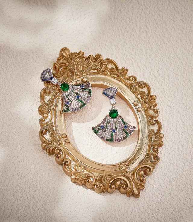 Green Purple Fan-Shaped Geometric Pavé Multi-Gemstone Inlay Earrings 7
