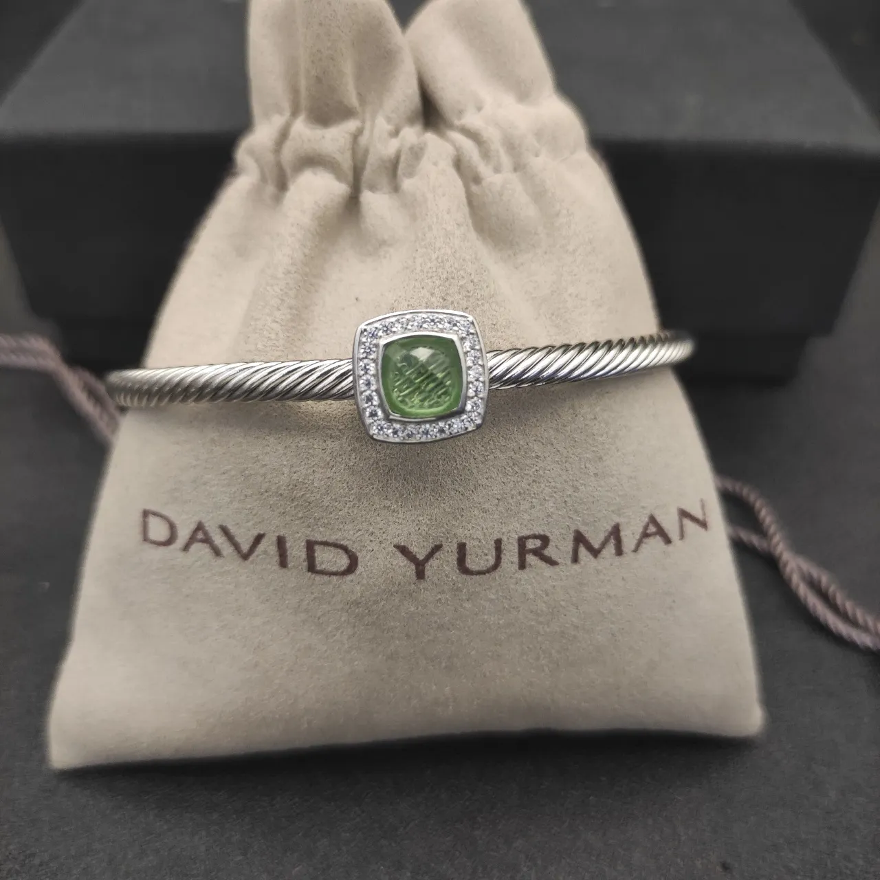 Green Silver Twisted Rope Cable Bangle Cushion-Cut Center Stone Bracelet 6