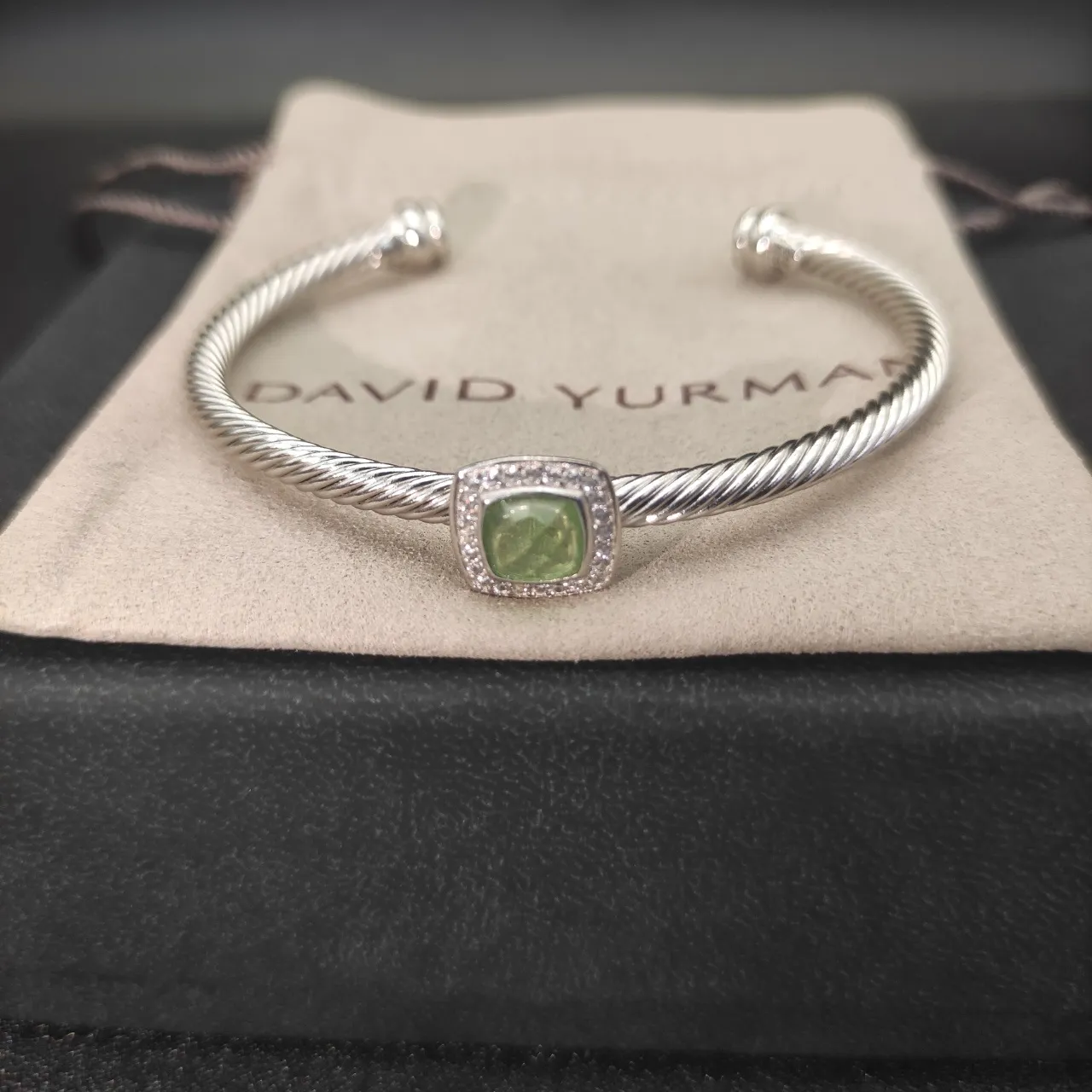 Green Silver Twisted Rope Cable Bangle Cushion-Cut Center Stone Bracelet 7