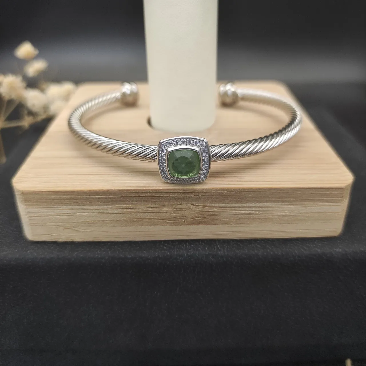Green Silver Twisted Rope Cable Bangle Cushion-Cut Center Stone Bracelet 8