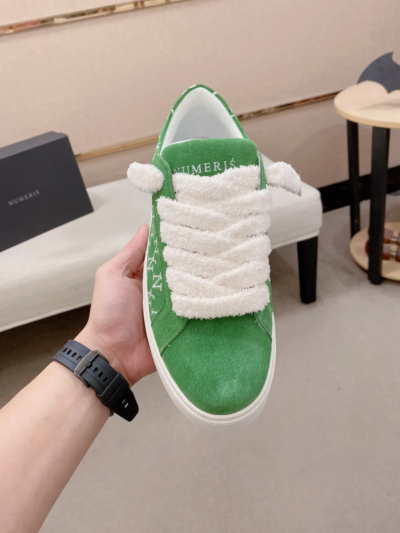Green White Suede Upper Fluffy Strap Sneakers 2
