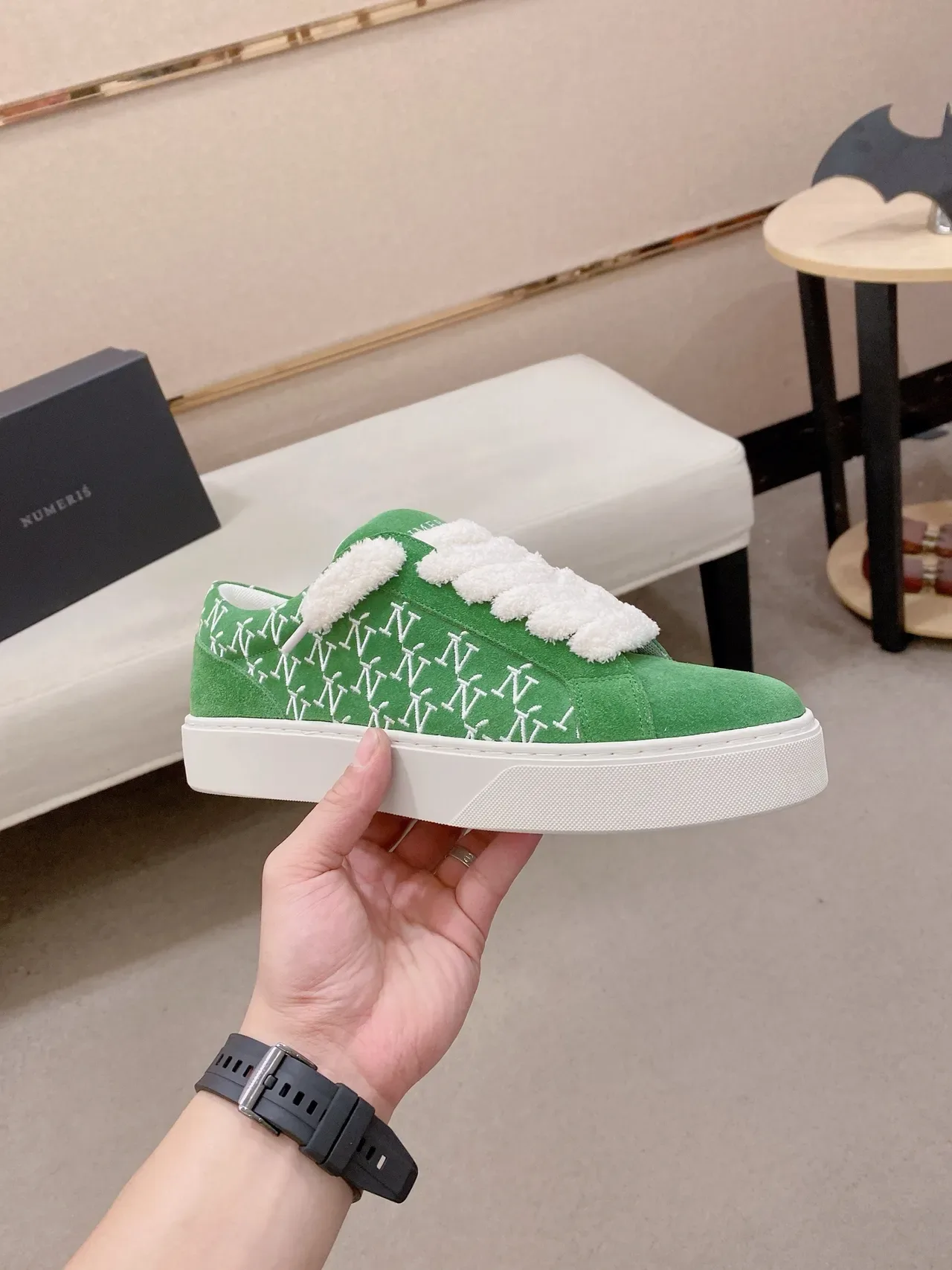 Green White Suede Upper Fluffy Strap Sneakers 5