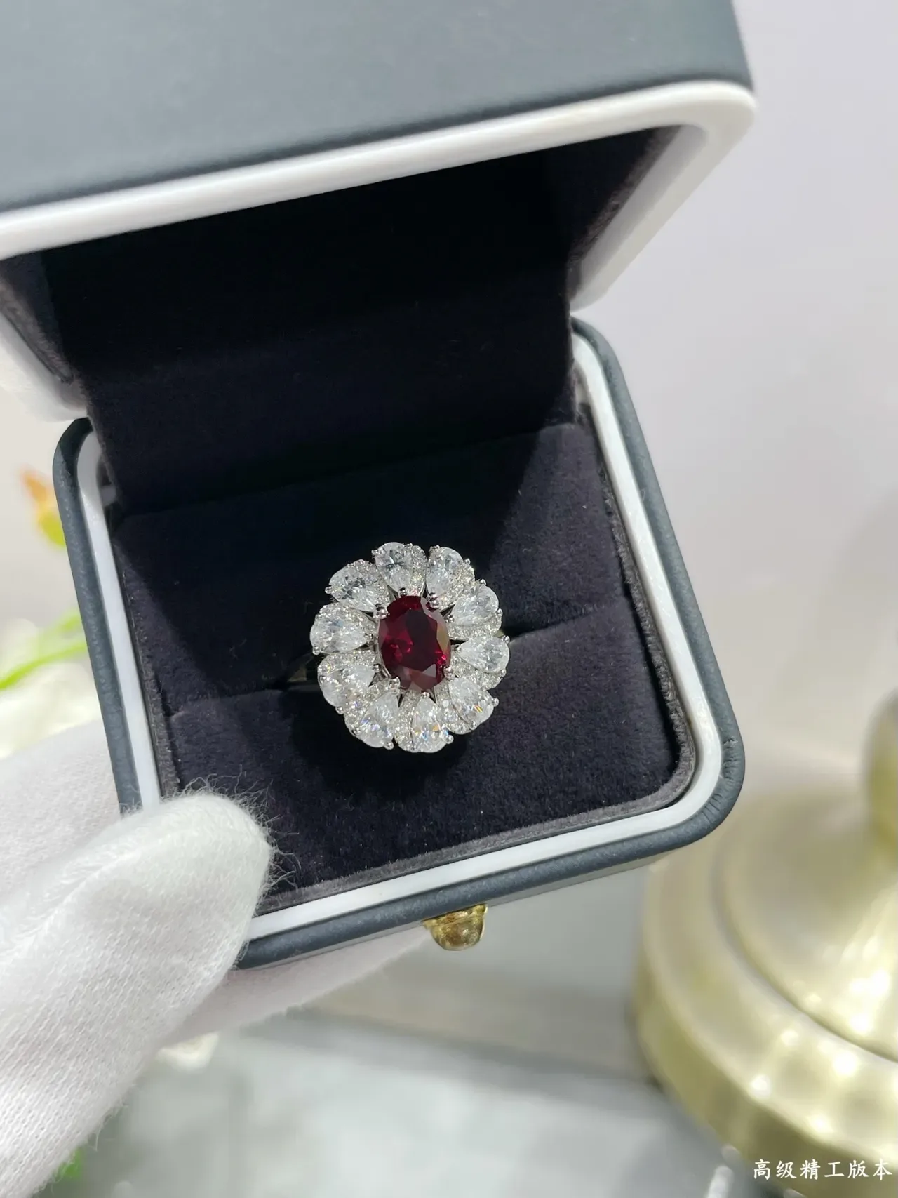 Halo Cluster Oval Ruby and Diamond Ring 6