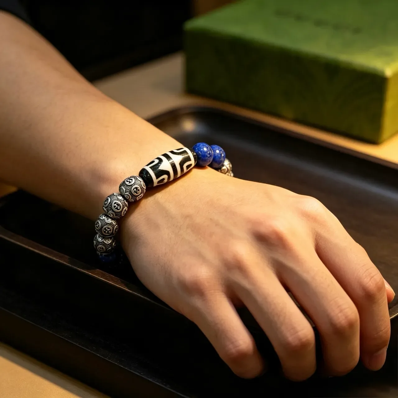 Handcrafted Silver-Tone Metal and Lapis Lazuli Beaded Bracelet 8