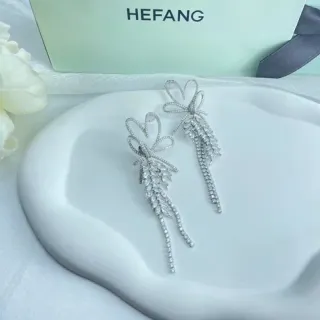 HEFANG Bow Motif Crystal Fringe Dangling Earrings