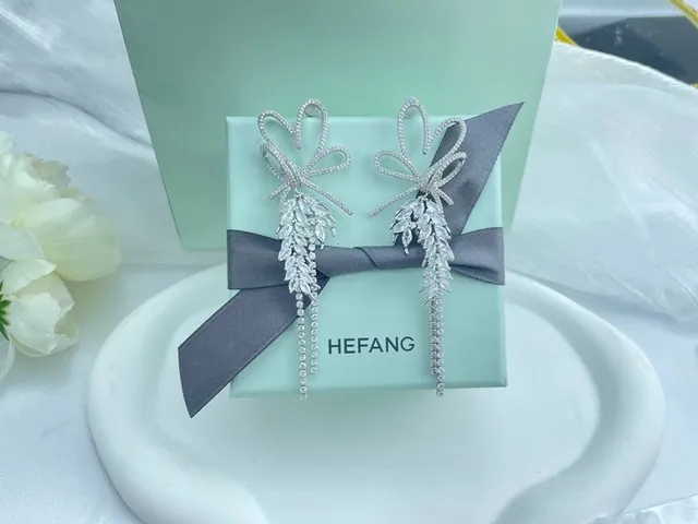 HEFANG Bow Motif Crystal Fringe Dangling Earrings 8