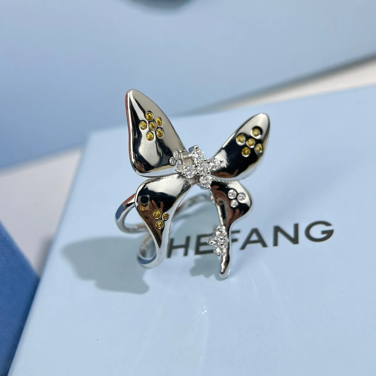 HEFANG Butterfly Pavé Gemstone Silver-Tone Ring 3