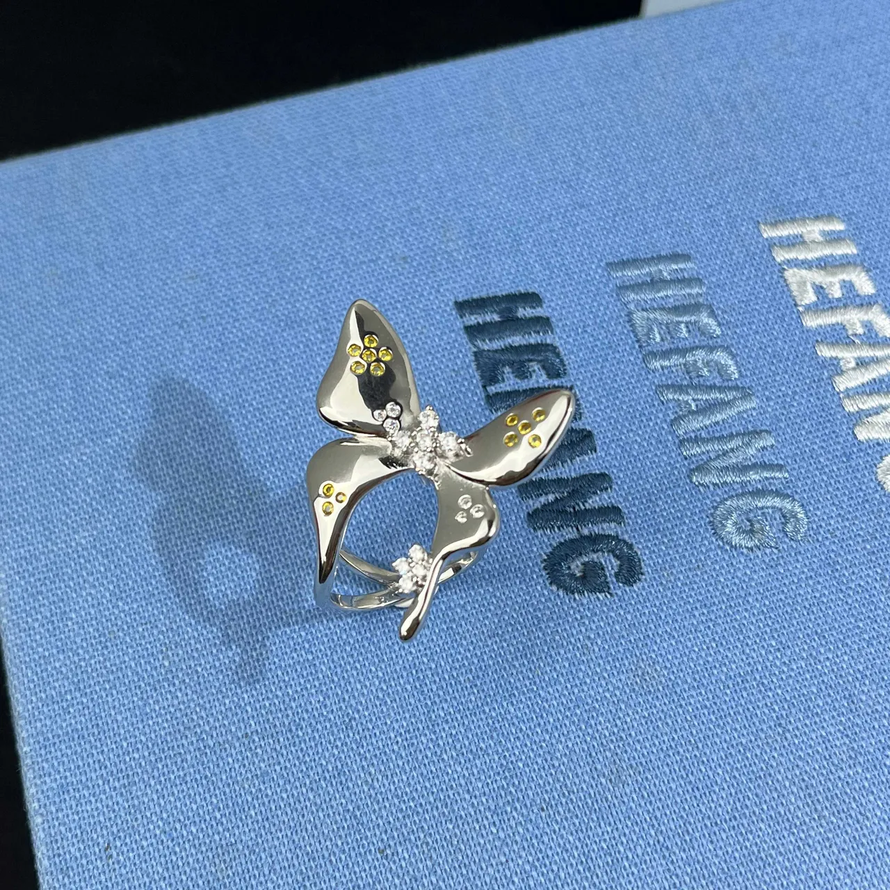 HEFANG Butterfly Pavé Gemstone Silver-Tone Ring 6