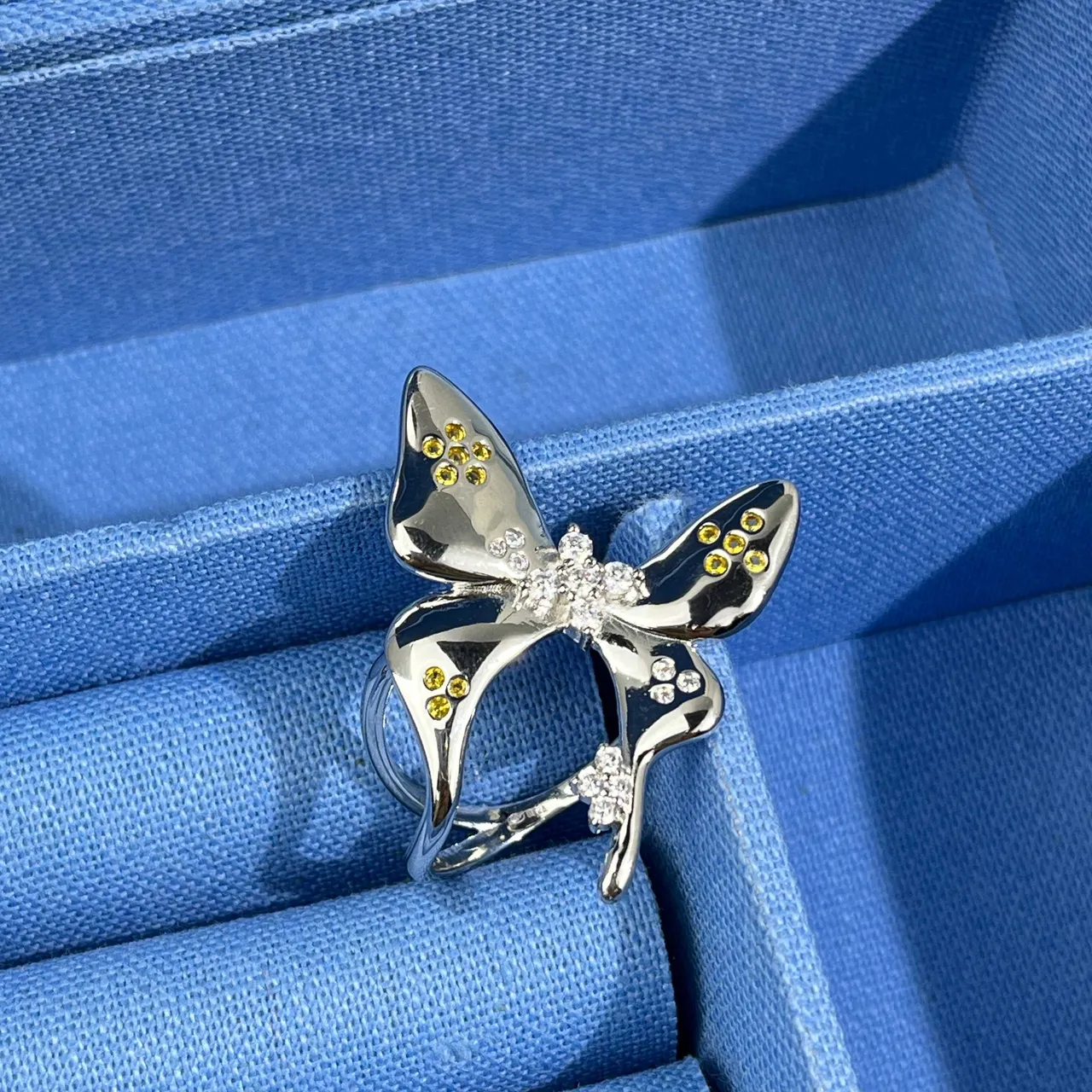 HEFANG Butterfly Pavé Gemstone Silver-Tone Ring 9