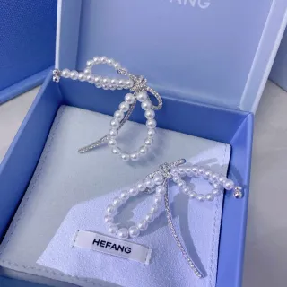 HEFANG Pearl Bow Crystal Asymmetrical Drop Earrings