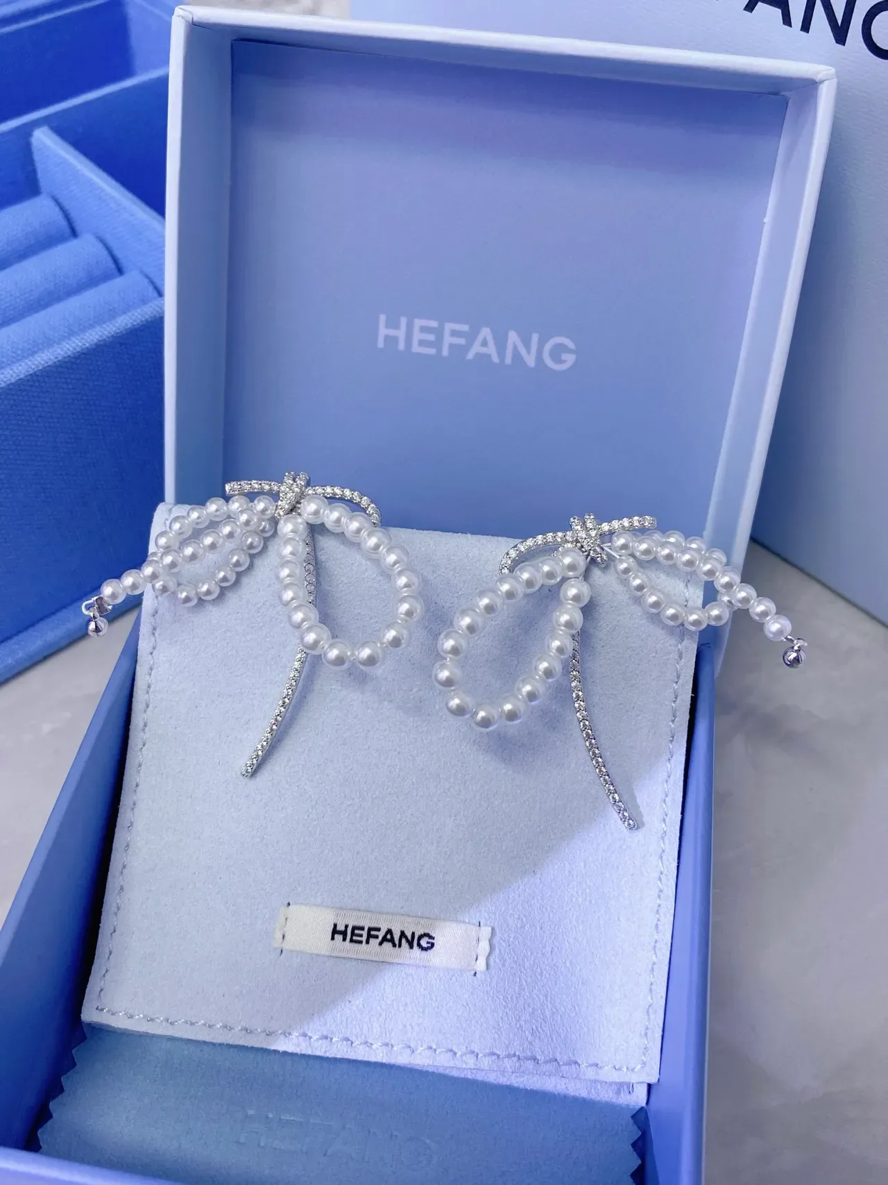 HEFANG Pearl Bow Crystal Asymmetrical Drop Earrings 5