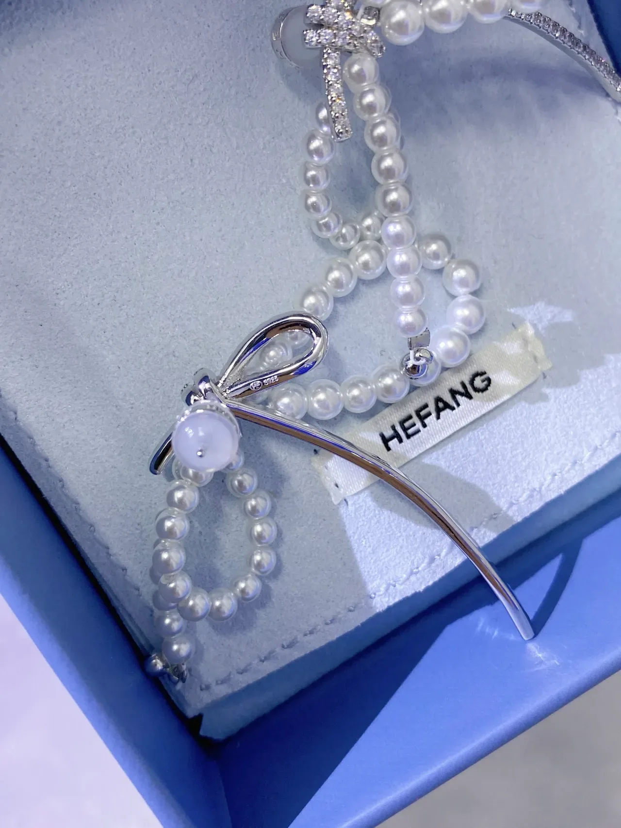 HEFANG Pearl Bow Crystal Asymmetrical Drop Earrings 6