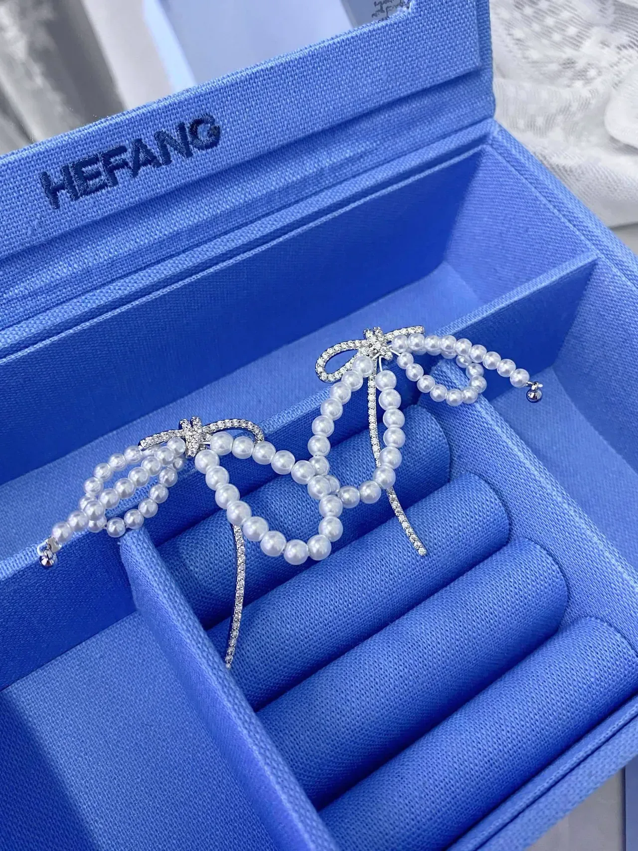 HEFANG Pearl Bow Crystal Asymmetrical Drop Earrings 9