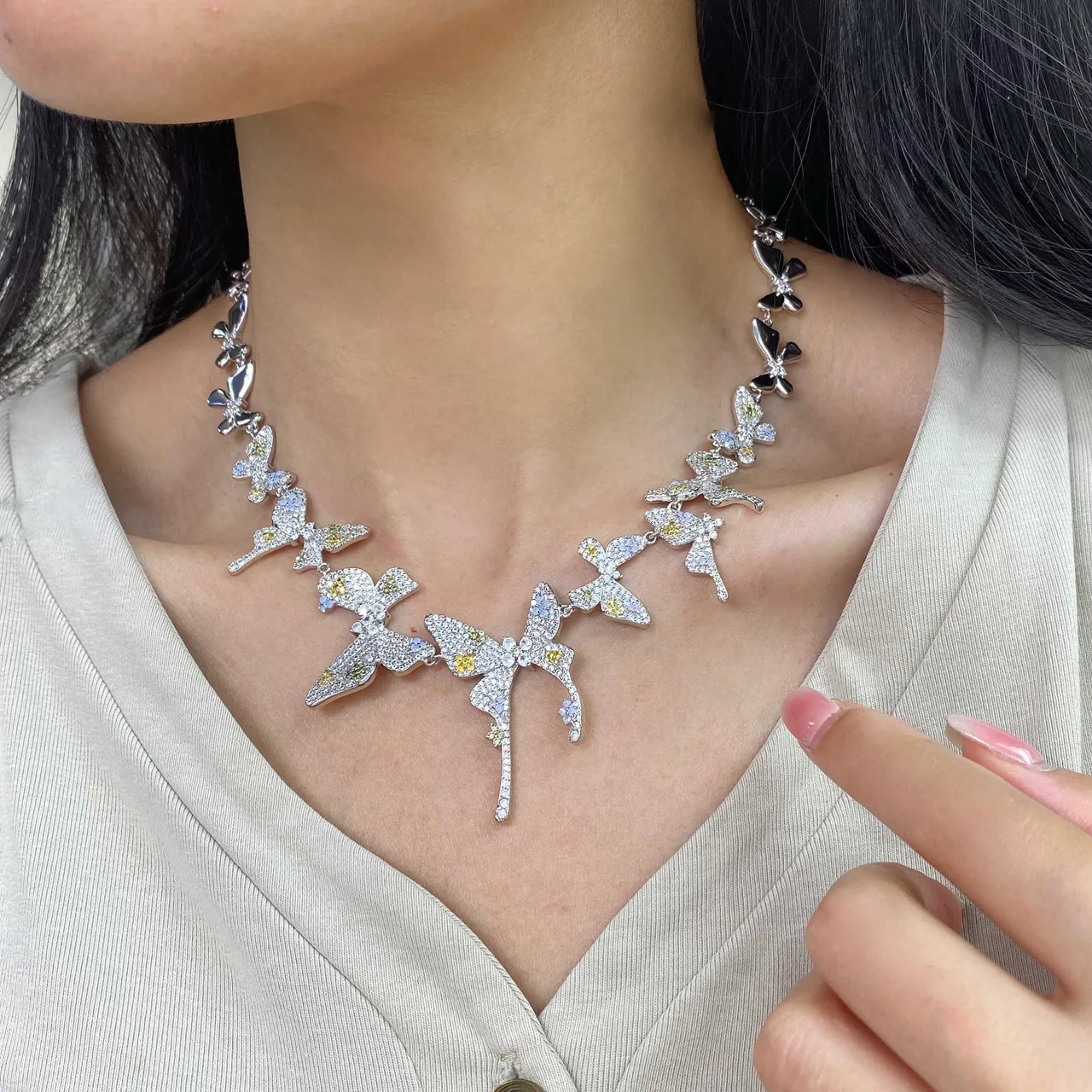 HEFANG Silver Yellow Butterfly Motif Pavé-Set Stones Necklace 2