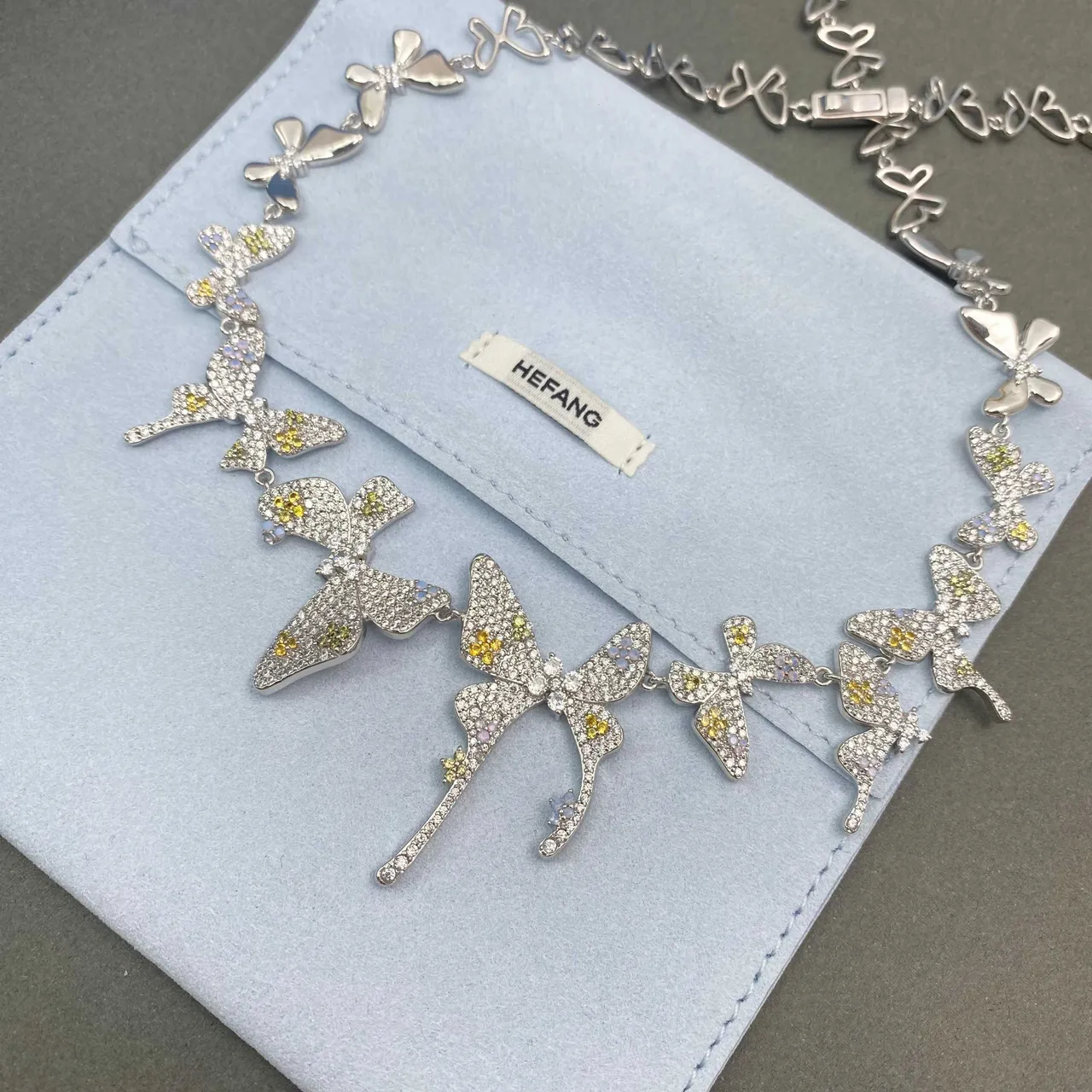 HEFANG Silver Yellow Butterfly Motif Pavé-Set Stones Necklace 5