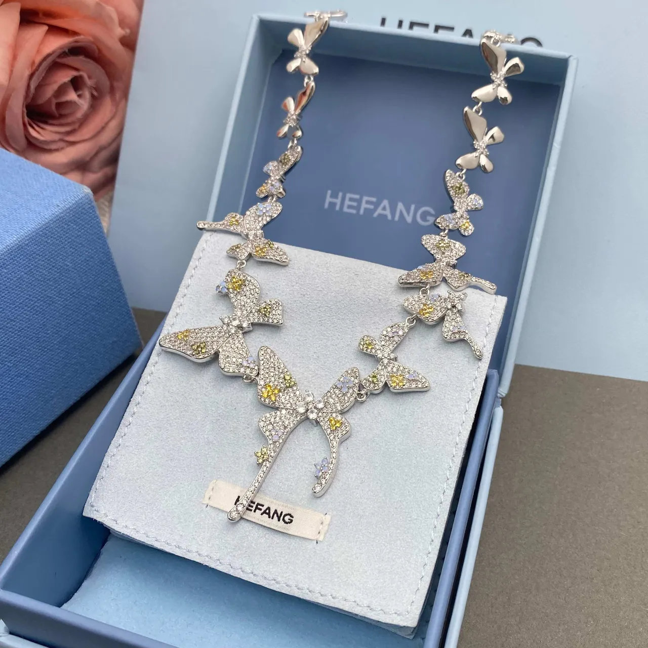 HEFANG Silver Yellow Butterfly Motif Pavé-Set Stones Necklace 9