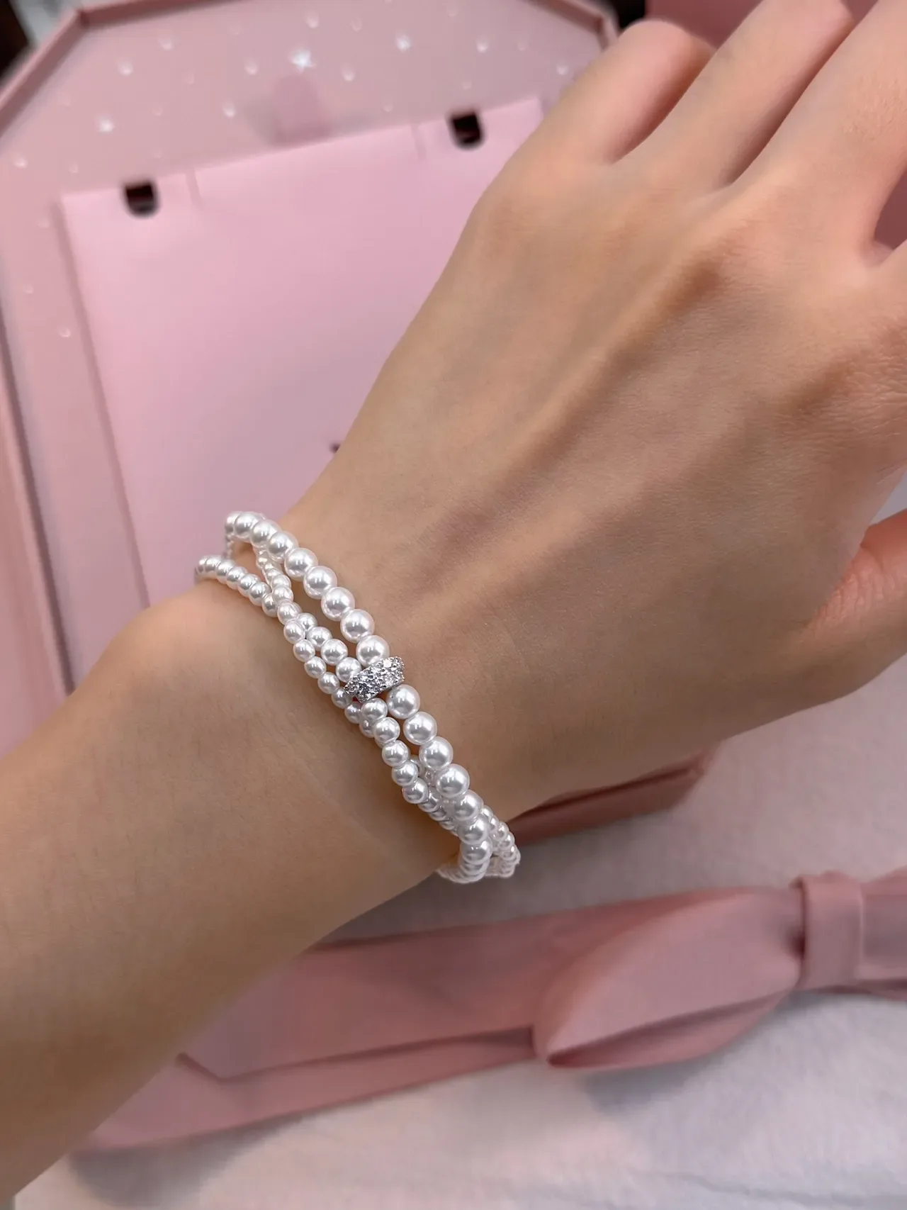 HEFANG Triple-Strand Pearl and Crystal Charm Bracelet 3