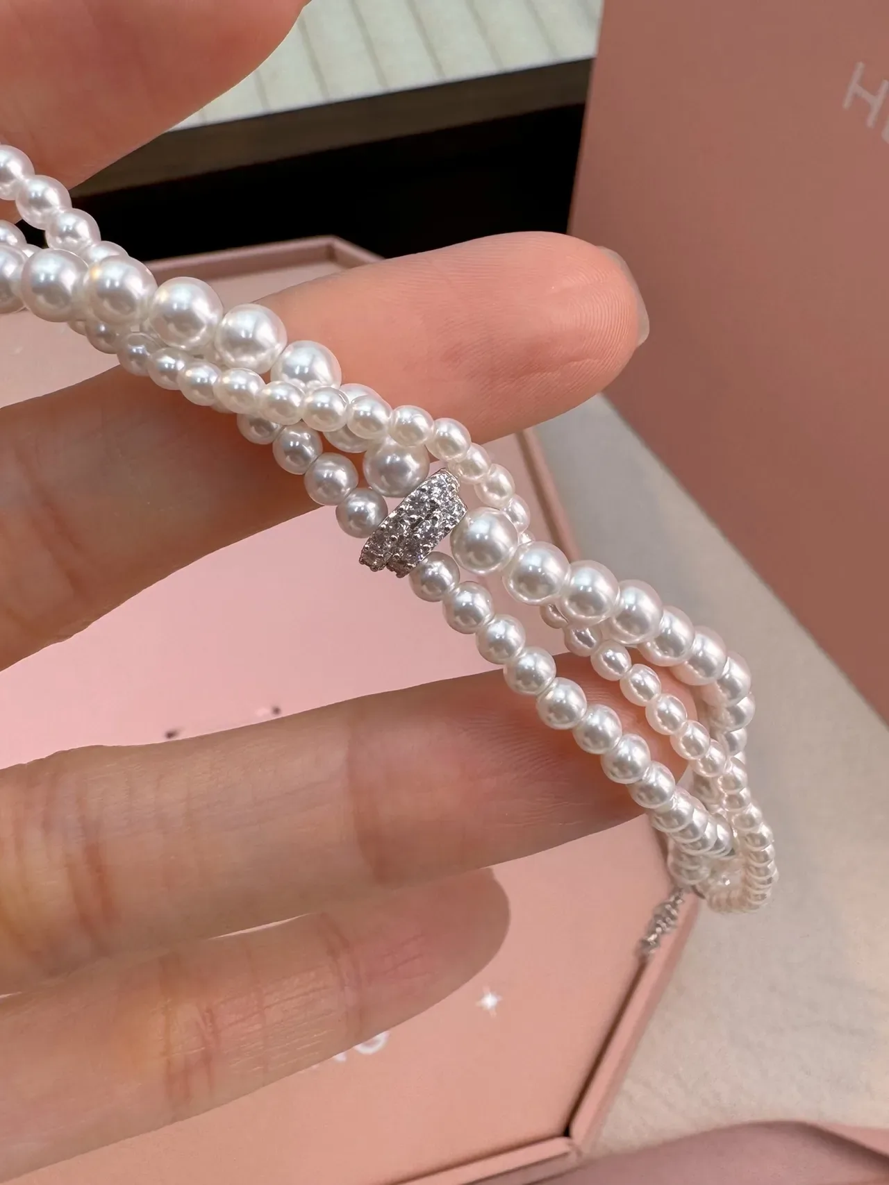 HEFANG Triple-Strand Pearl and Crystal Charm Bracelet 5