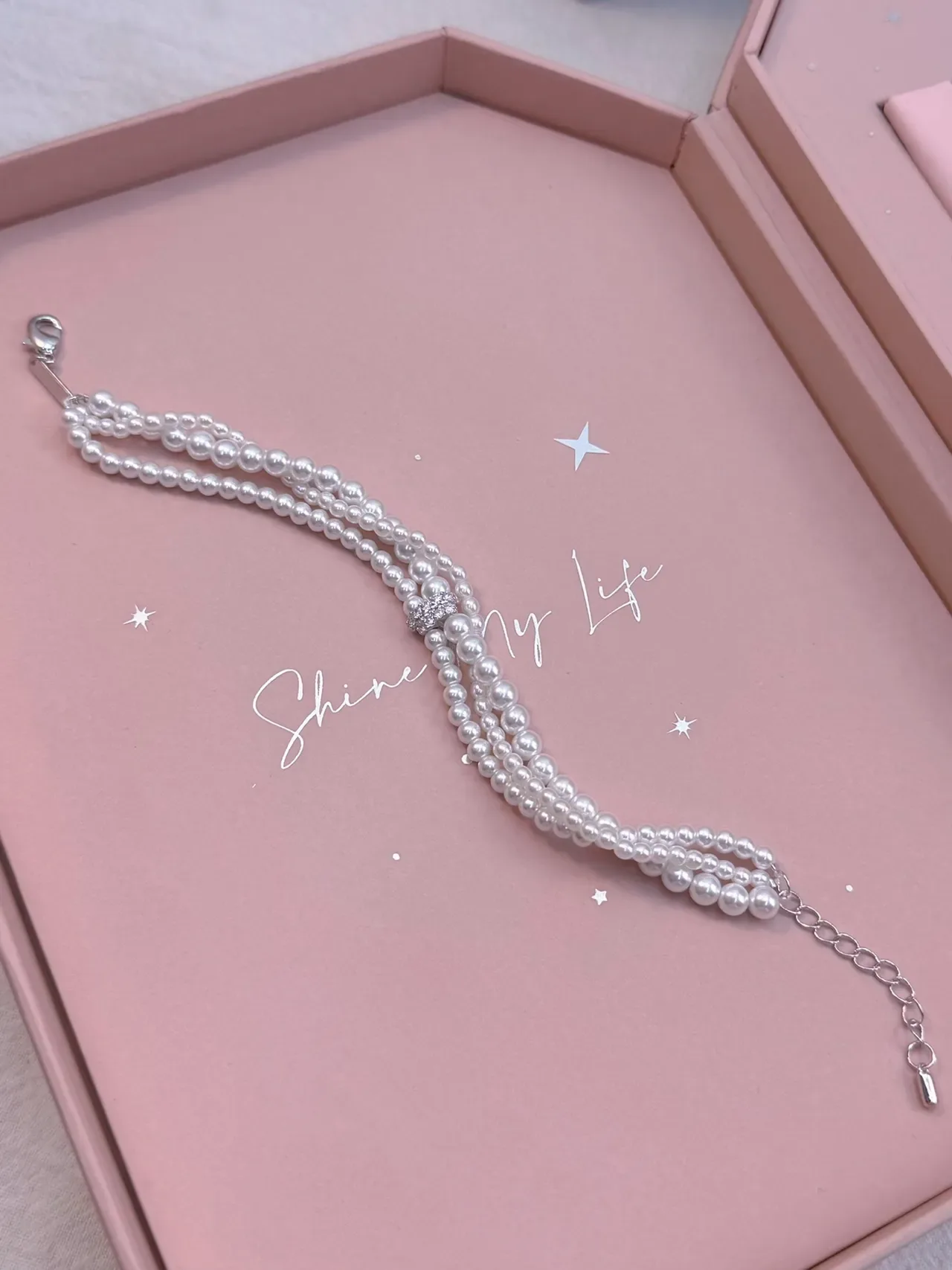 HEFANG Triple-Strand Pearl and Crystal Charm Bracelet 7