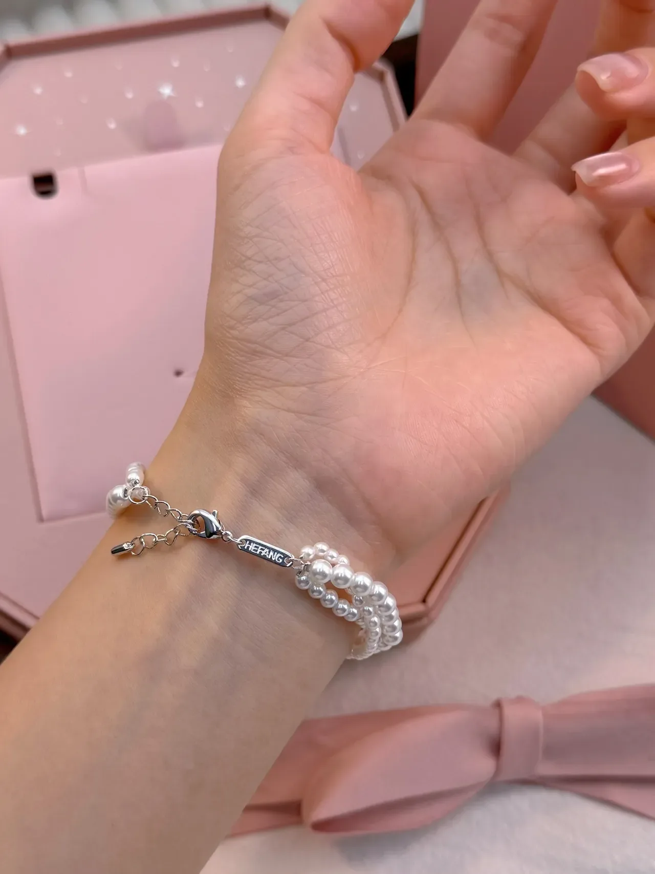 HEFANG Triple-Strand Pearl and Crystal Charm Bracelet 8