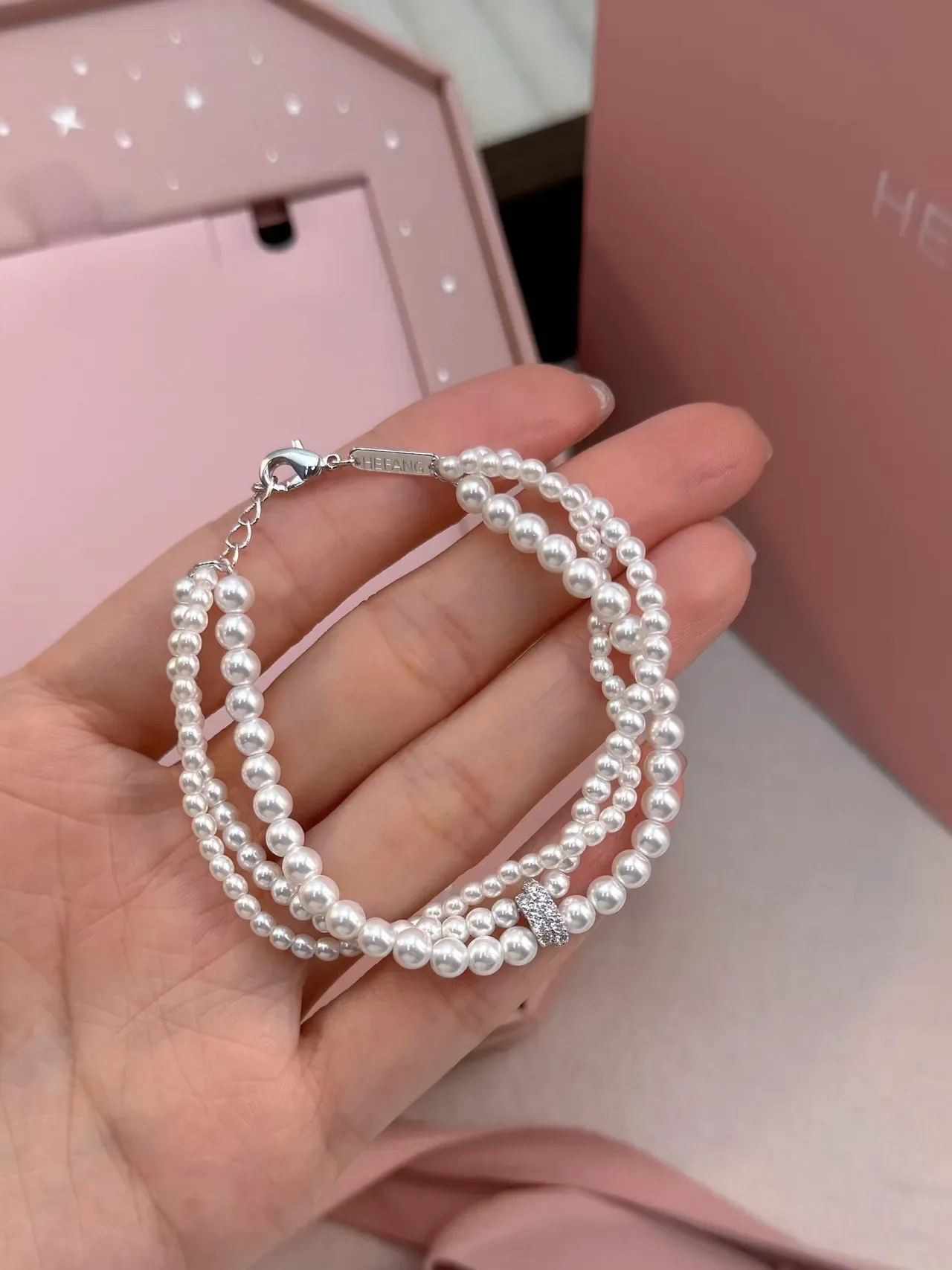 HEFANG Triple-Strand Pearl and Crystal Charm Bracelet 9