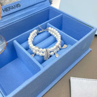 HEFANG Pulsera de Plata Blanca Cadena Doble Con Charms de Perla Hoja