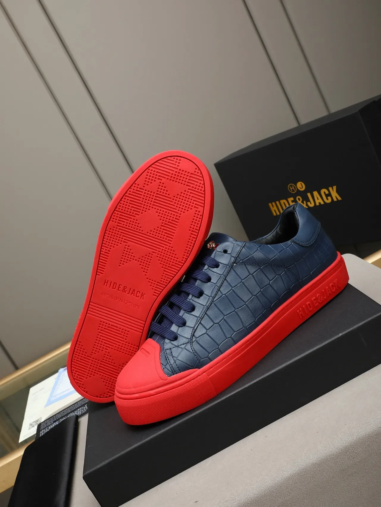 HIDE&JACK Navy Croc-Embossed Red Sole Lifestyle Sneakers 4