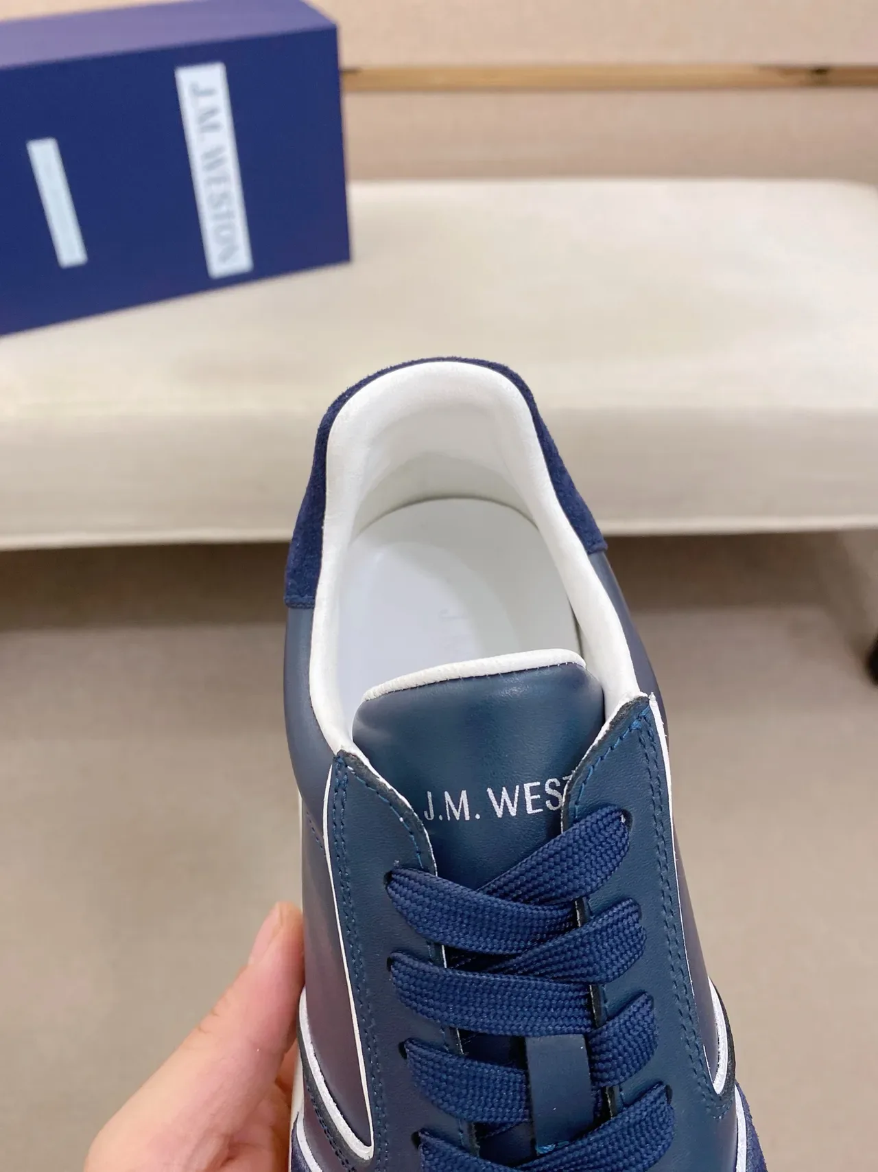 J.M. Weston Navy White Leather And Suede Panel Construction Contrast Piping Lifestyle Sneakers 3