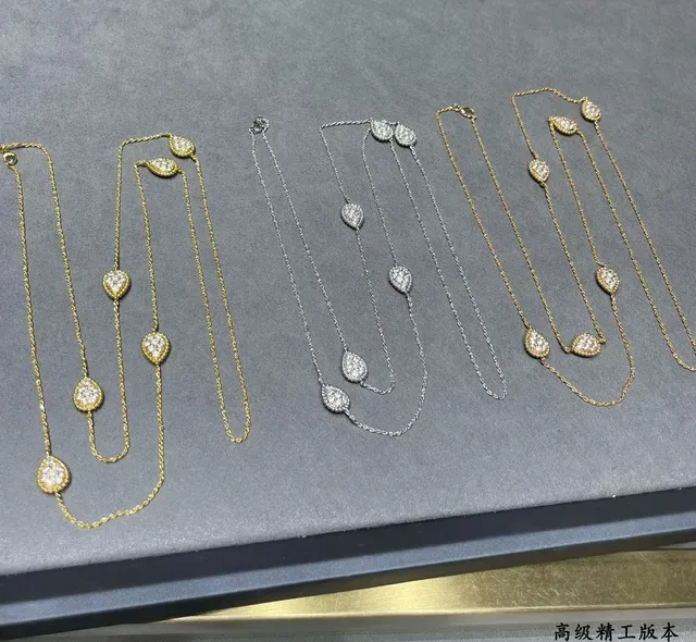 Layered Gold-Tone Pave Teardrop Motif Chain Necklaces 2