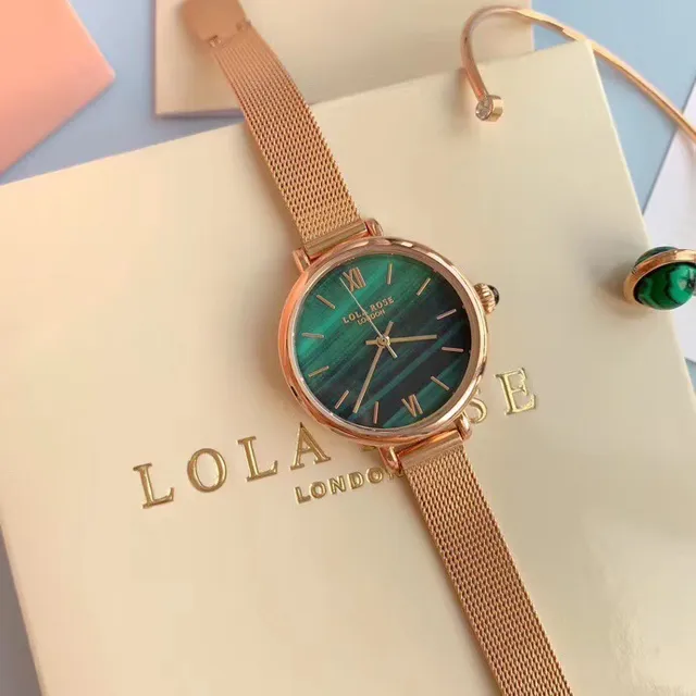 Lola Esfera de mármore verde rosa Pulseira de malha de ouro rosa Relógio de quartzo 6