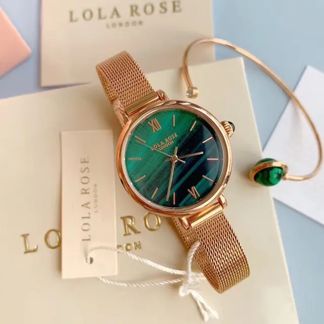 Lola Esfera de mármore verde rosa Pulseira de malha de ouro rosa Relógio de quartzo 9