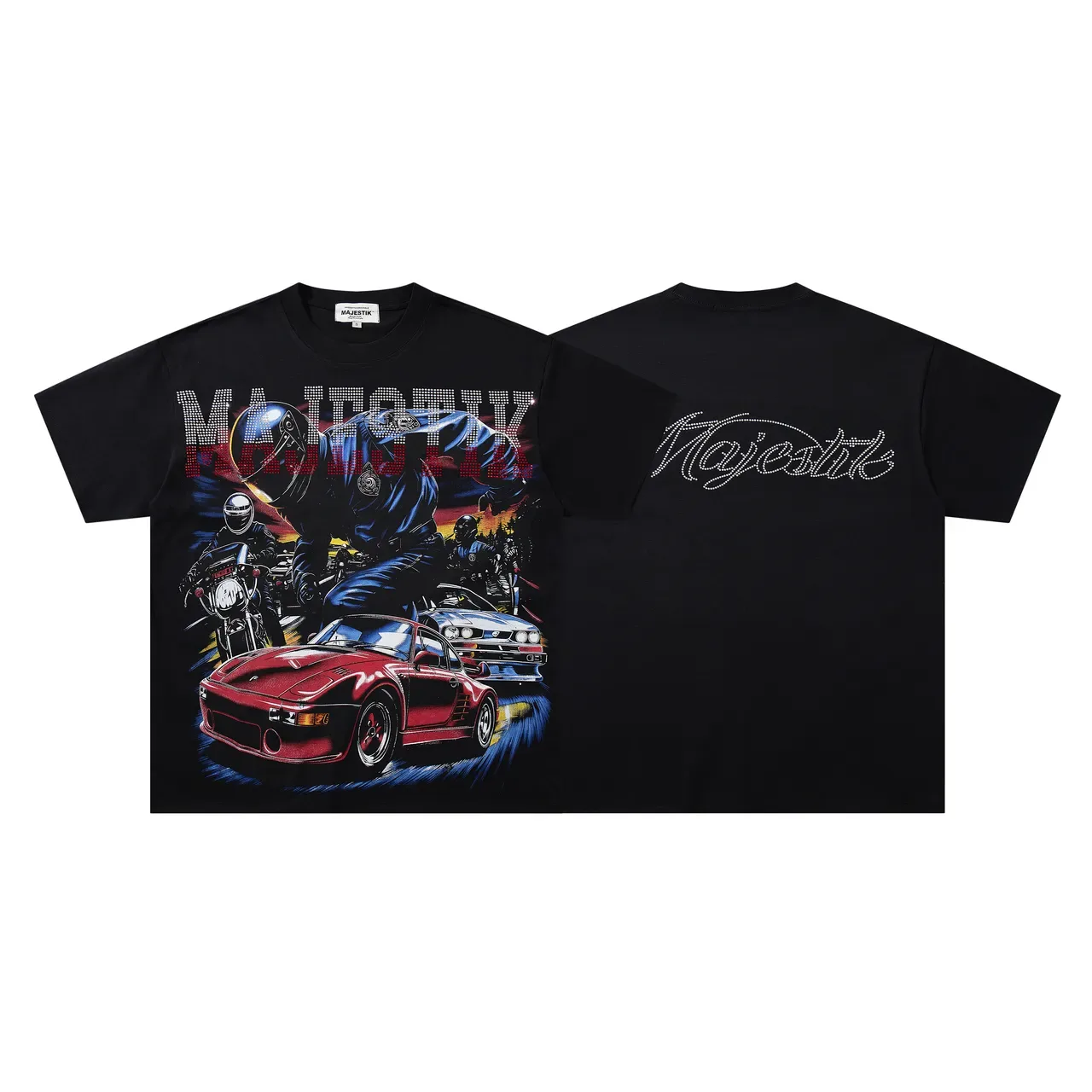 Majestik Black Multicolor Graphic-Print Rhinestone Logo T-Shirt 1