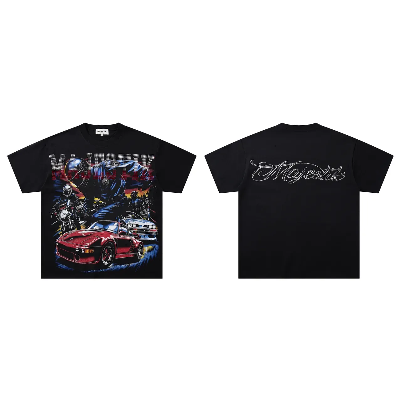 Majestik Black Multicolor Graphic-Print Rhinestone Logo T-Shirt 2