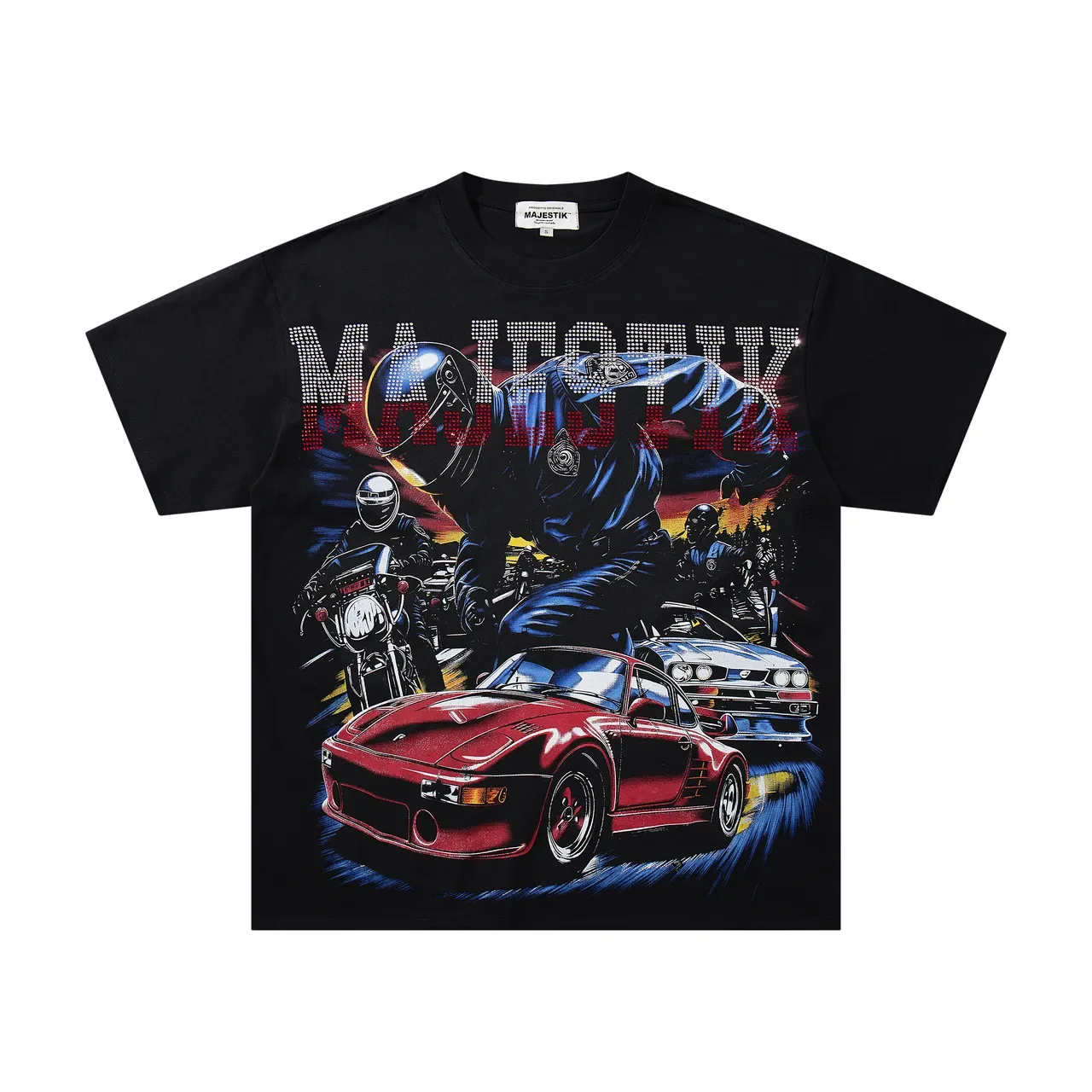 Majestik Black Multicolor Graphic-Print Rhinestone Logo T-Shirt 3