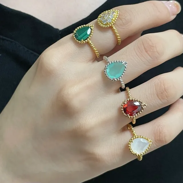 Malachite Teardrop Beaded Gold Ring 9