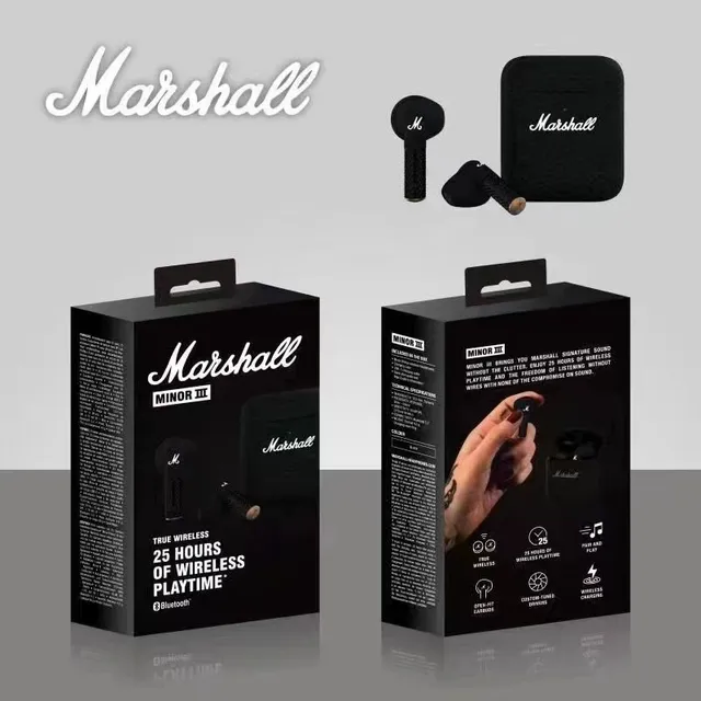 Marshall Negro Blanco Tallos Texturizados Logotipo Cursivo TWS Auriculares 2