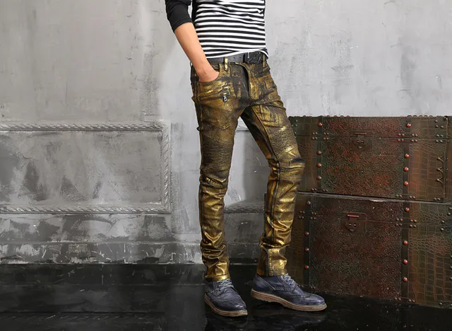 Metallic Gold Coated Slim-Fit Distressed Pants 2