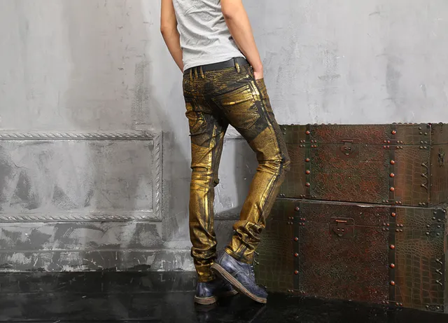 Metallic Gold Coated Slim-Fit Distressed Pants 6