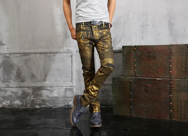 Metallic Gold Coated Slim-Fit Distressed Pants 8
