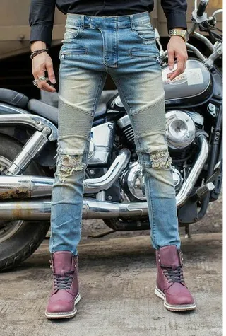 Jean Moto-Panelled Distressed Bleu en Denim 4