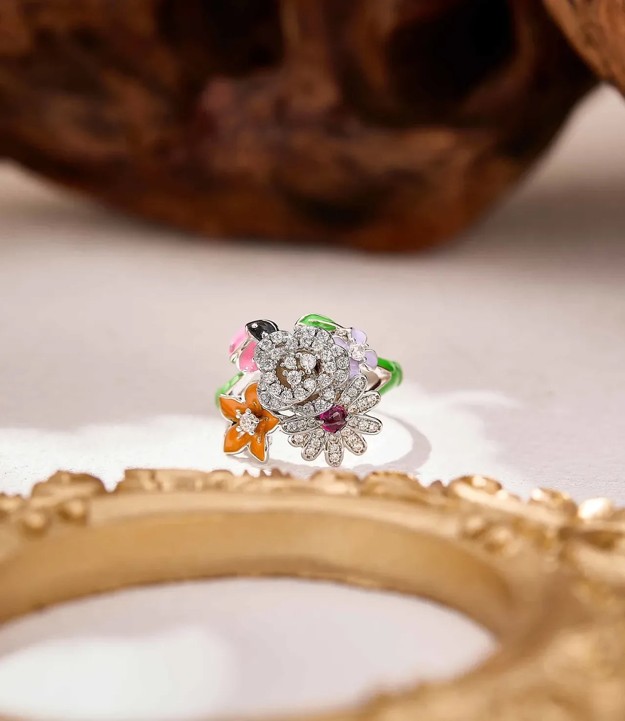 Bague en émail floral multicolore avec gemmes pavé 3