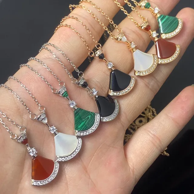 Multicolor Fan-Shaped Stone Pendants Pavé Crystal Borders Necklace 1