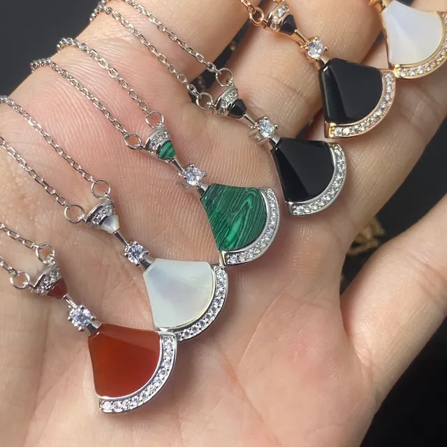 Multicolor Fan-Shaped Stone Pendants Pavé Crystal Borders Necklace 3
