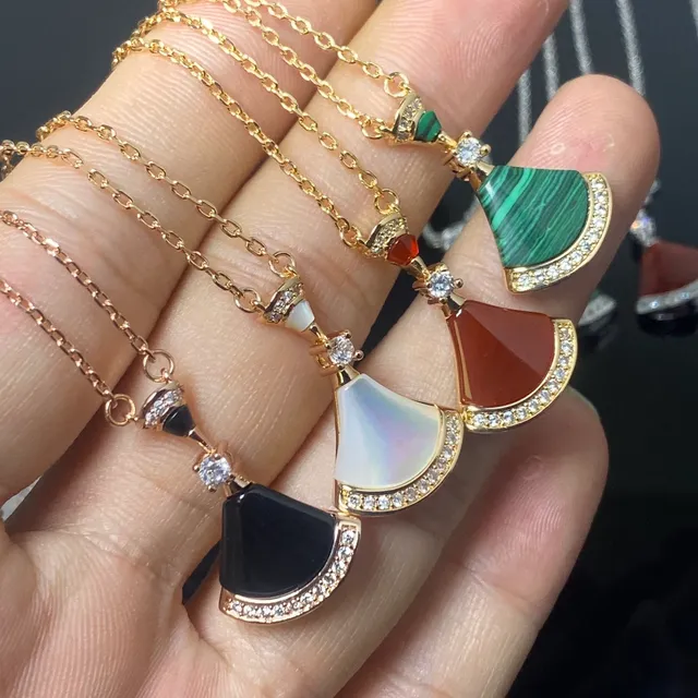 Multicolor Fan-Shaped Stone Pendants Pavé Crystal Borders Necklace 4