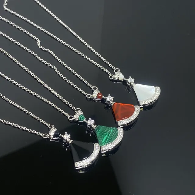 Multicolor Fan-Shaped Stone Pendants Pavé Crystal Borders Necklace 5