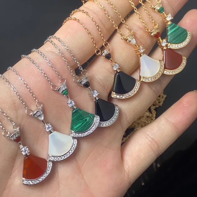 Multicolor Fan-Shaped Stone Pendants Pavé Crystal Borders Necklace 6