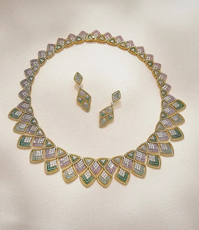 Multicolor Pavé Scalloped Fan Motif Gold-Tone Collar Necklace 4