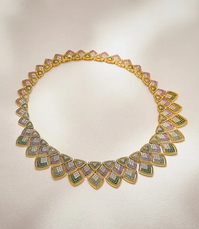Multicolor Pavé Scalloped Fan Motif Gold-Tone Collar Necklace 5