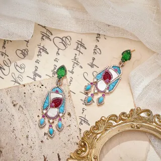 Multistone Enamel-Inlaid Chandelier Earrings