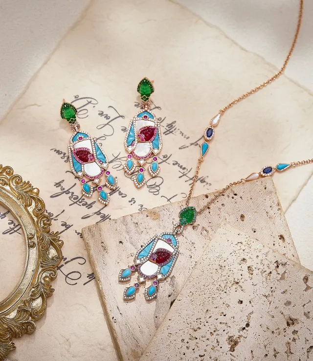 Multistone Enamel-Inlaid Chandelier Earrings 2
